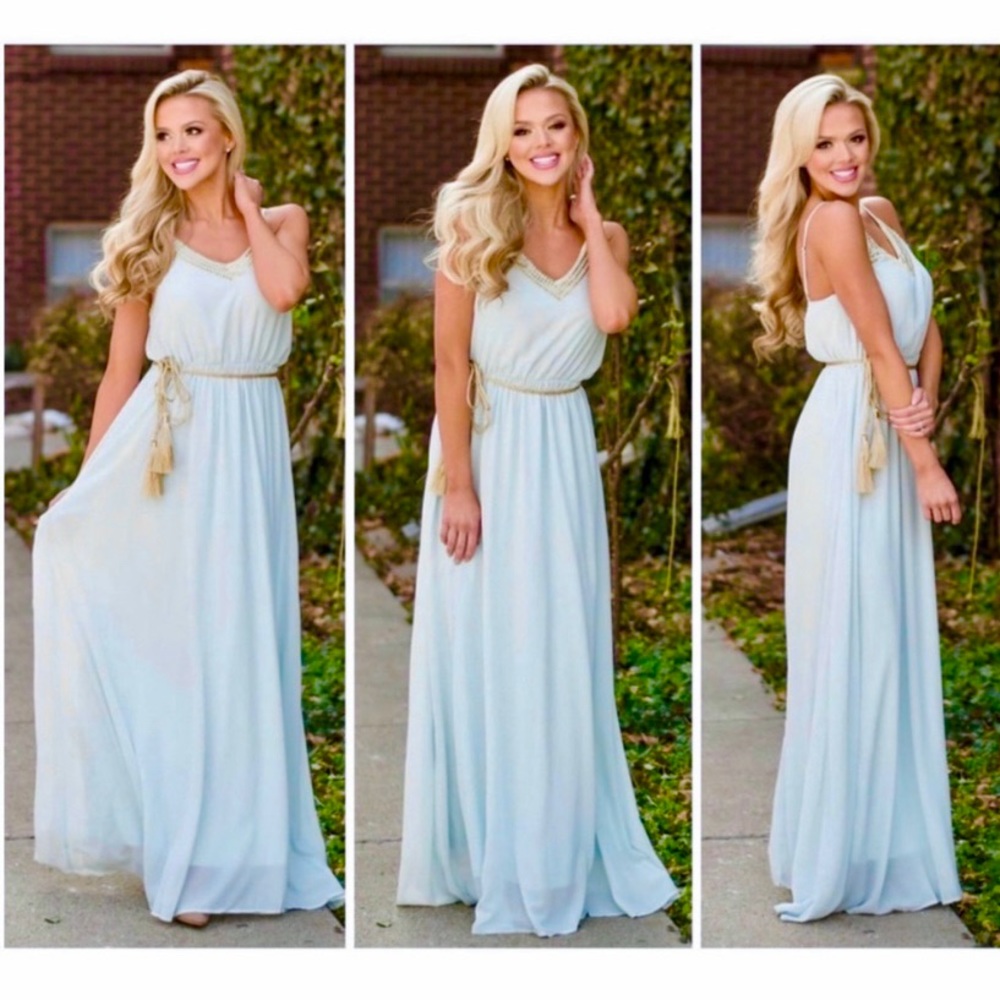 “Goddess Of The Heart” Gold Embroidered Detail Maxi - Sea Glass